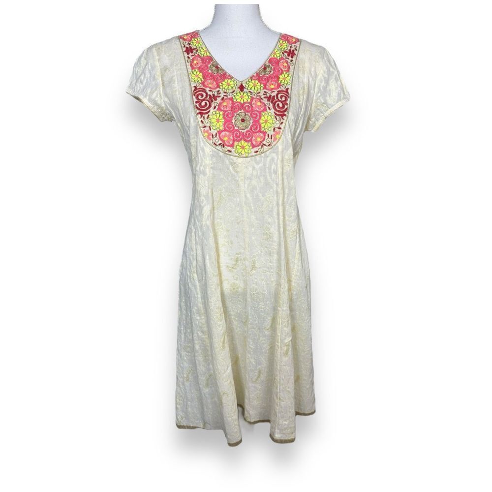 Melange Floral Collar Jacquard Short Sleeve Dress M